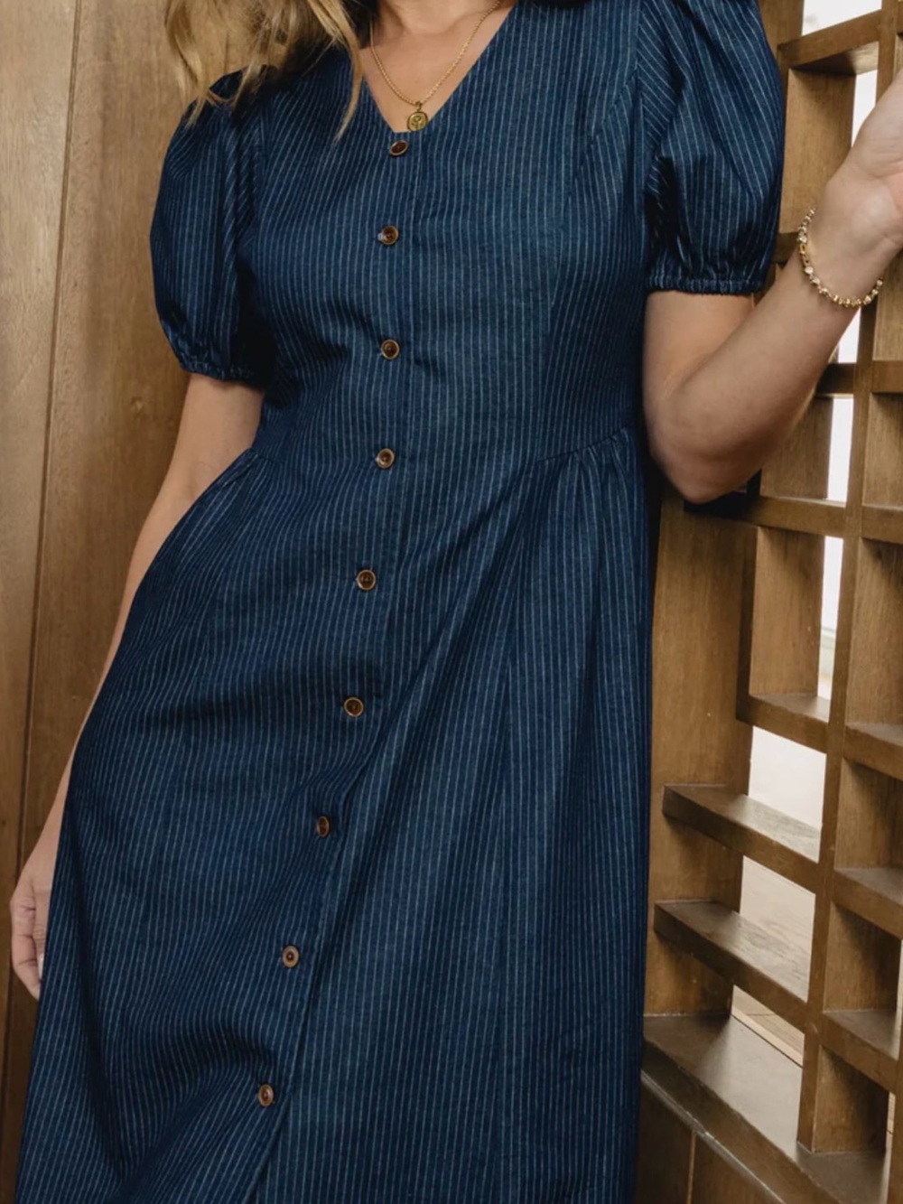 bohme Navy Pinstripe Button-Front Midi Dress